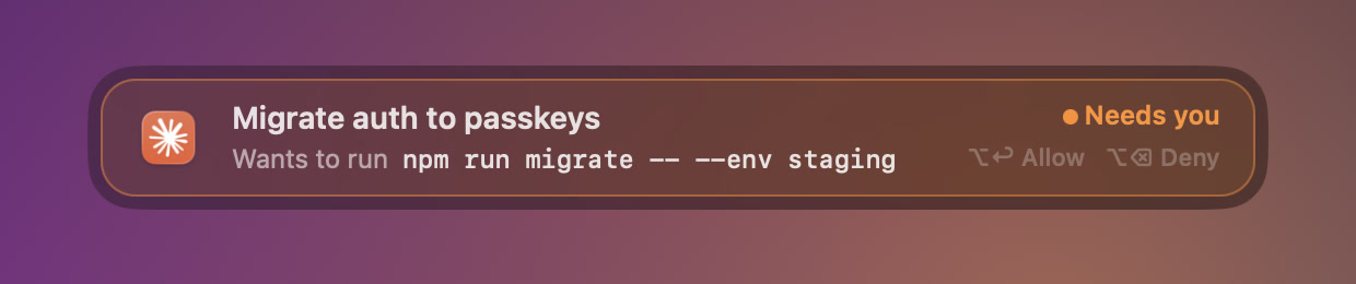 Muster's alert: Claude wants to run npm run migrate, with Allow and Deny shortcuts